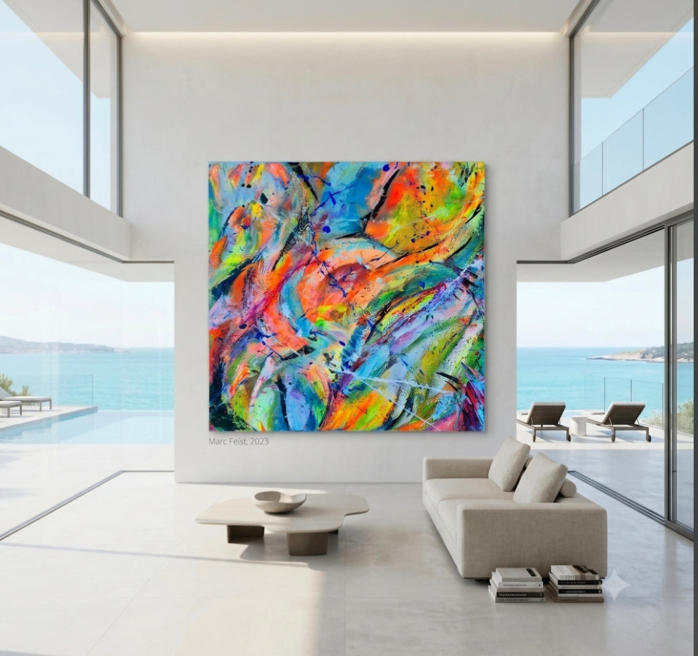 Symphonie | 100 x 100 cm 3D |  Acrylique aux couteaux, abstraction, énergie, émotion, haut de gamme, matière