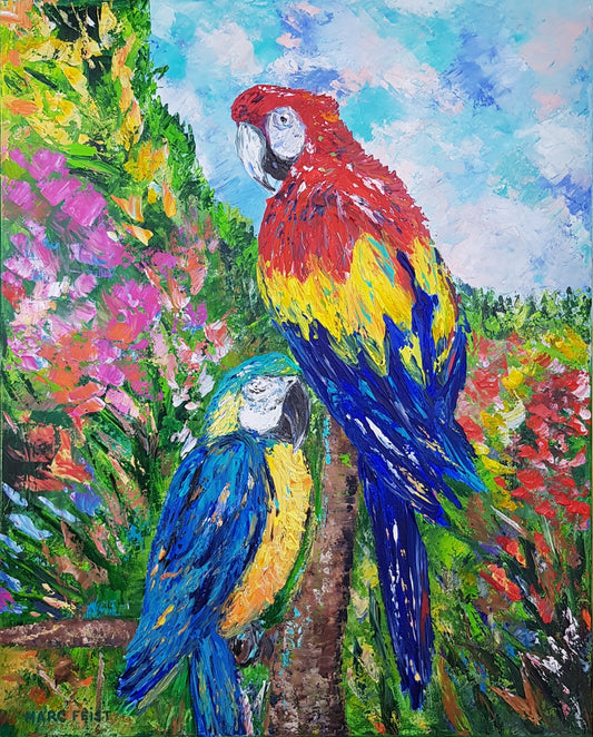 Perroquets dans la jungle |73 X 60 cm | Acrylique aux couteaux