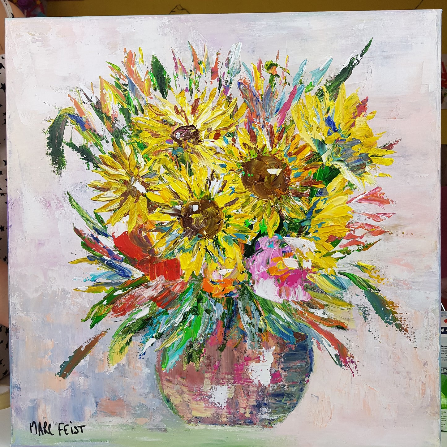 Bouquet de tournesols | 50 x 50 cm | Acrylique aux couteaux